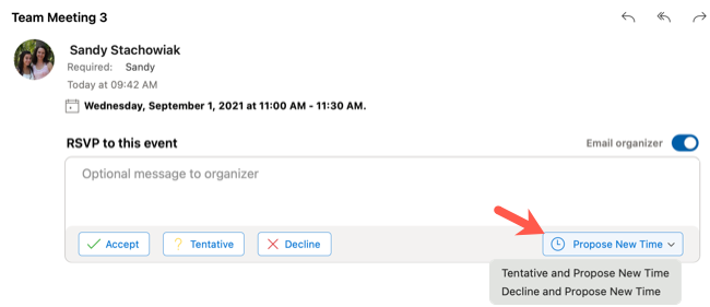 Нажмите Propose New Time в письме Outlook