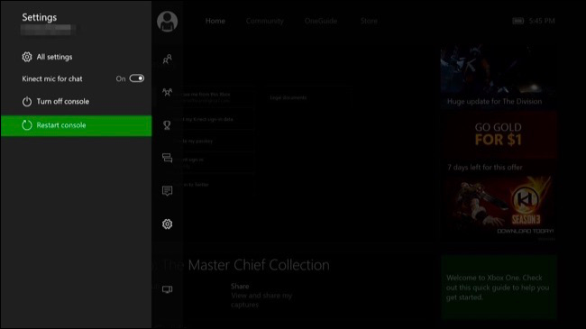 Параметры перезапуска Xbox One