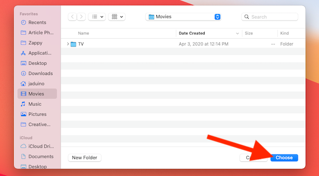Нажмите кнопку «Выбрать» в окне Finder