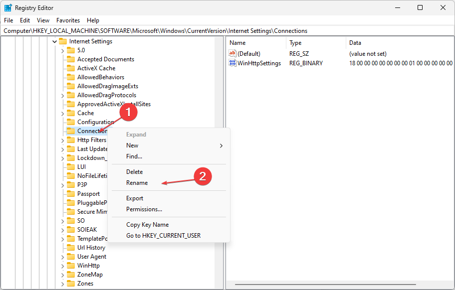 Переименование папки Connections в Редакторе реестра