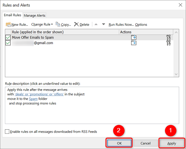 Кнопки Применить и ОК в окне Правила и оповещения.