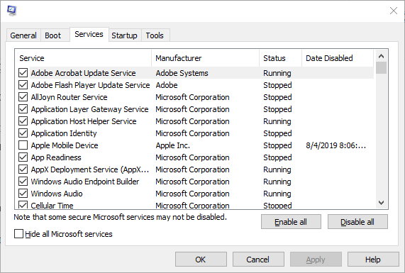 Pestaña Servicios en msconfig