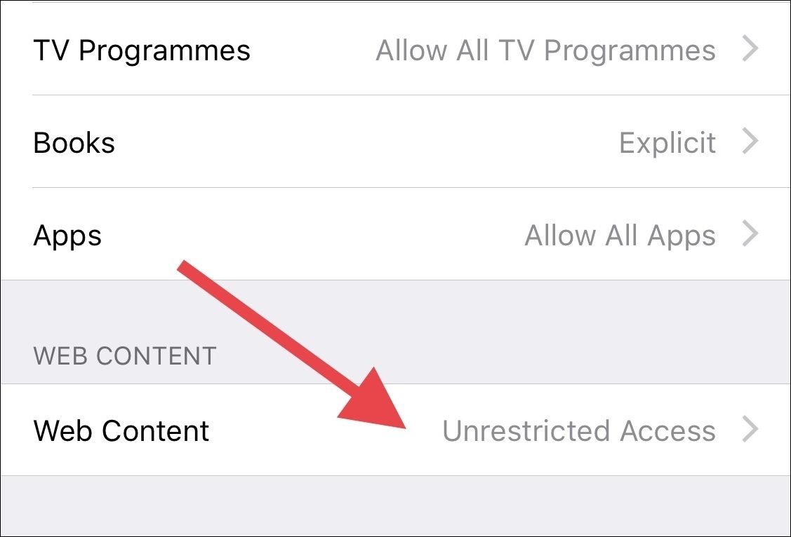 Опция Веб‑контент на странице Ограничения контента