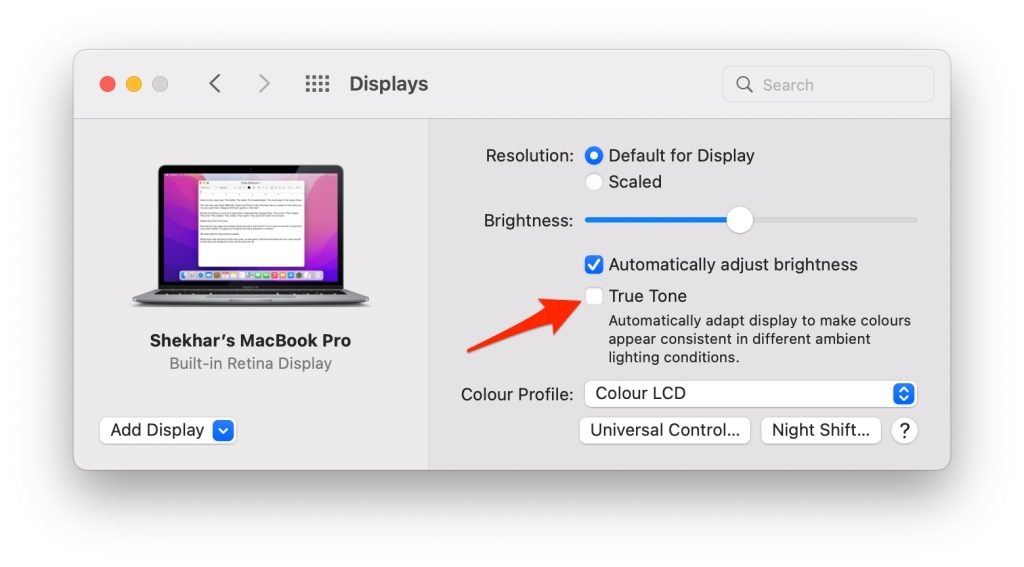 Дисплей MacBook с настройками True Tone