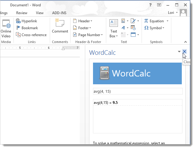 Кнопка закрытия панели приложения в Word