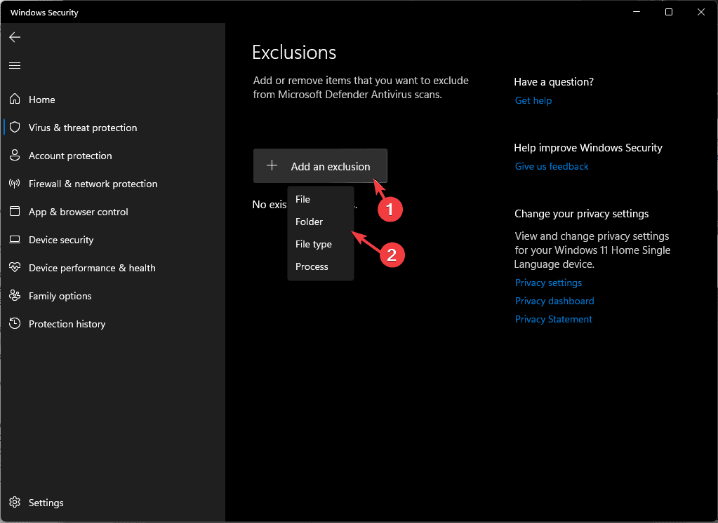 Выбор папки для исключения