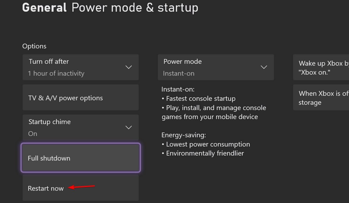 Опция перезапуска в меню Настройки Xbox