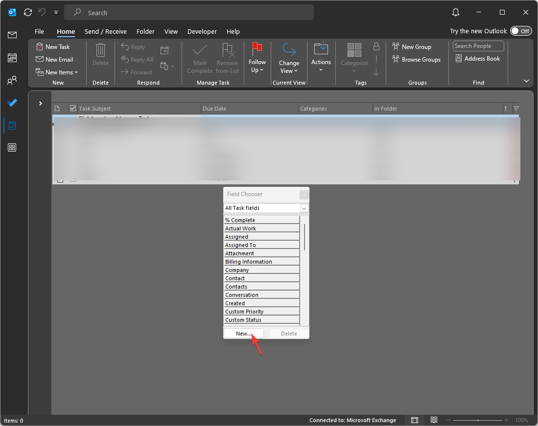 Диалог создания нового поля в Outlook