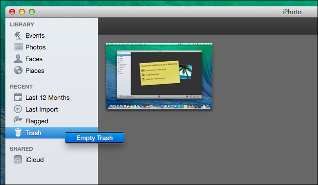 Опустошение корзины в iPhoto с галереями и файлами