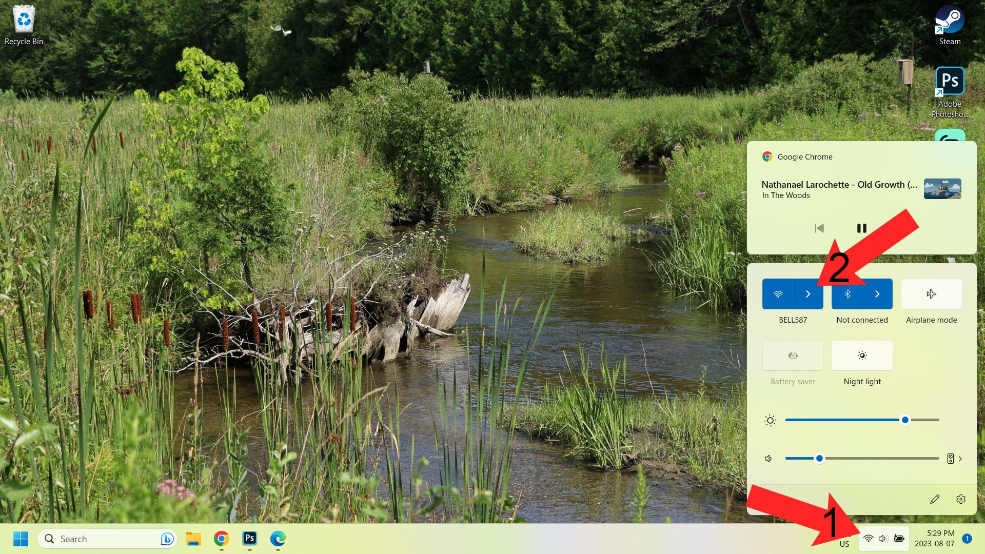 Нумерованные стрелки показывают, где найти список сетей в Windows 11