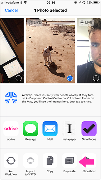 Опция «Дублировать как неподвижное фото» в листе «Поделиться»