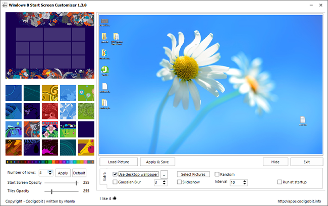 Настройки прозрачности и строк в Windows 8 Start Screen Customizer