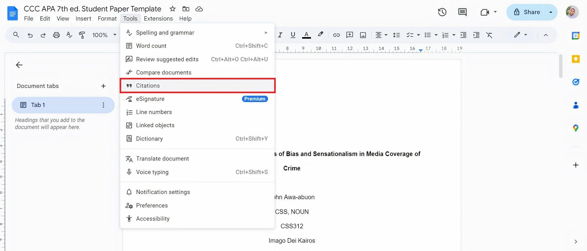Меню «Инструменты» с пунктом Citations.