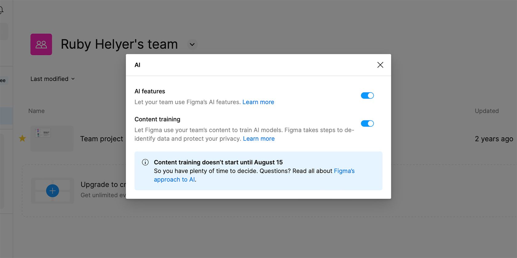 Отключение обучения Figma AI