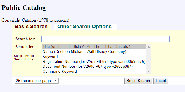 Поиск по авторским правам в реестре США — пример интерфейса поиска