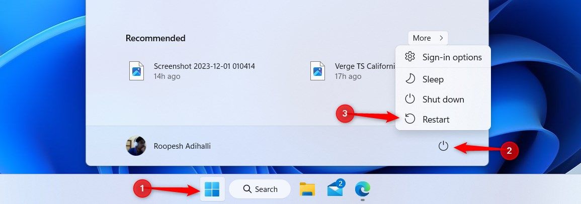 Меню Пуск Windows 11 с подсвеченной кнопкой питания.