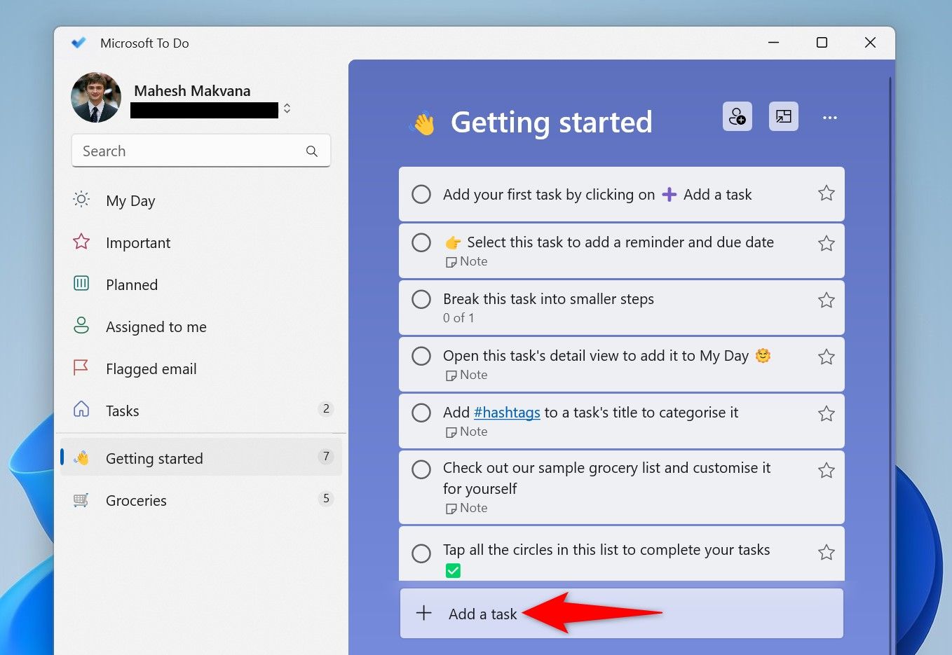 Добавление задачи в Microsoft To Do.