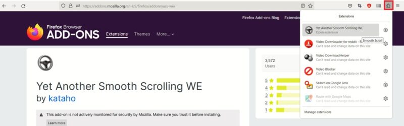 Выбор добавления из панели инструментов Firefox
