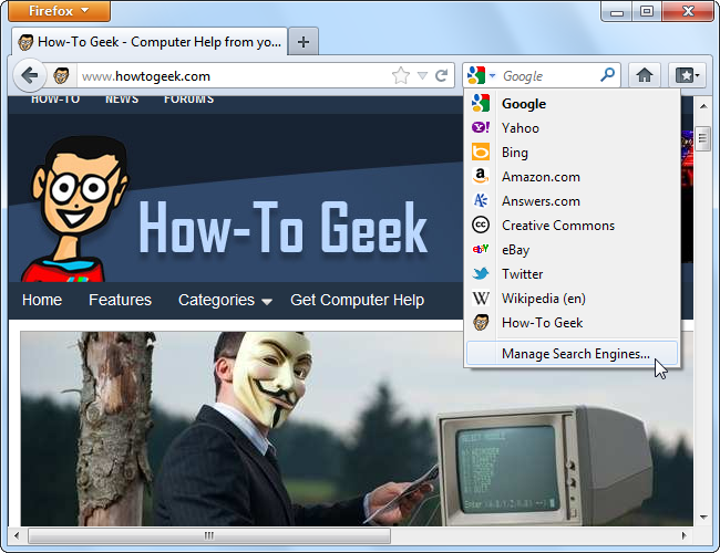 Менеджер поисковых систем Firefox