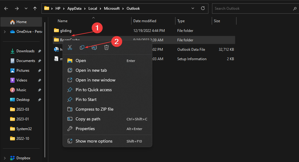 Папка RoamCache в локальных данных Outlook