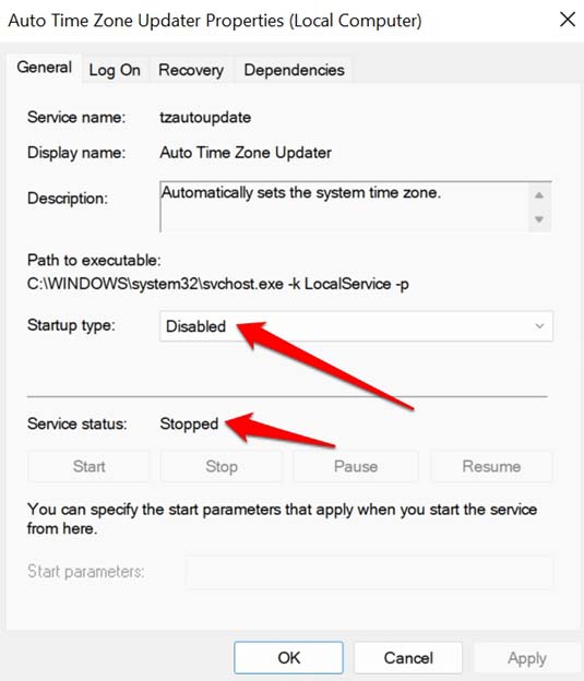 Отключить Auto Time Zone Updater