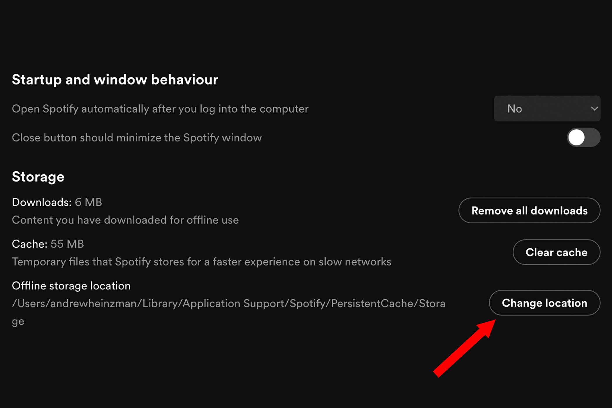 Изменение расположения офлайн-хранилища Spotify в настольном приложении.
