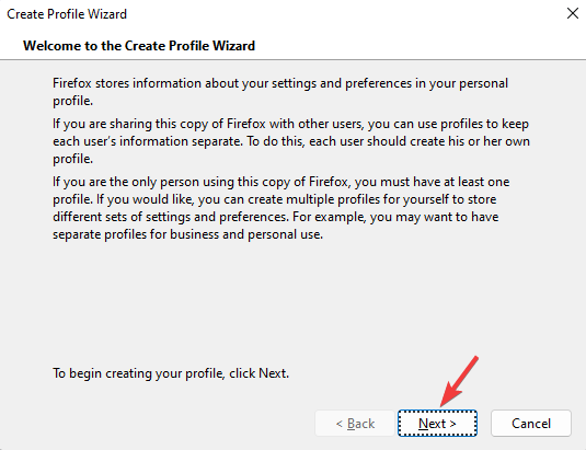 мастер создания профиля Firefox