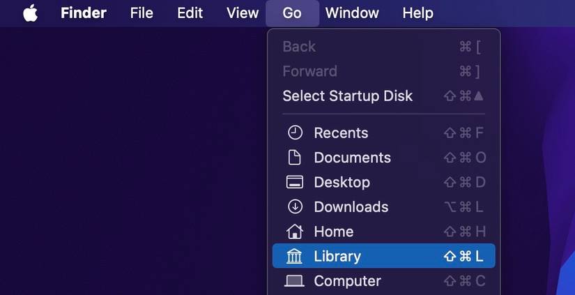 Пункт «Library» выделен в меню «Перейти»