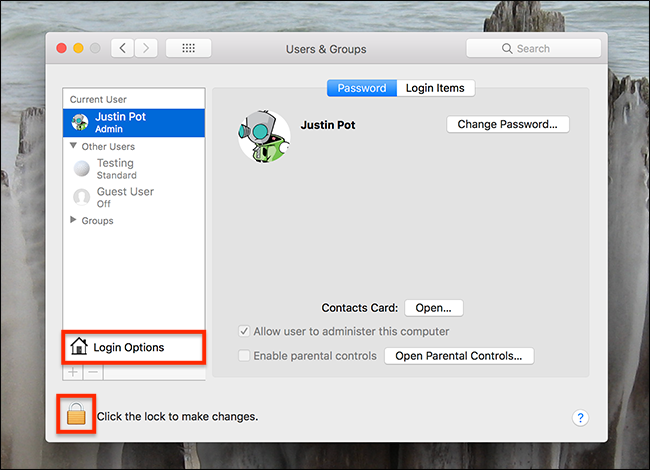 Окно входа и параметры пользователей