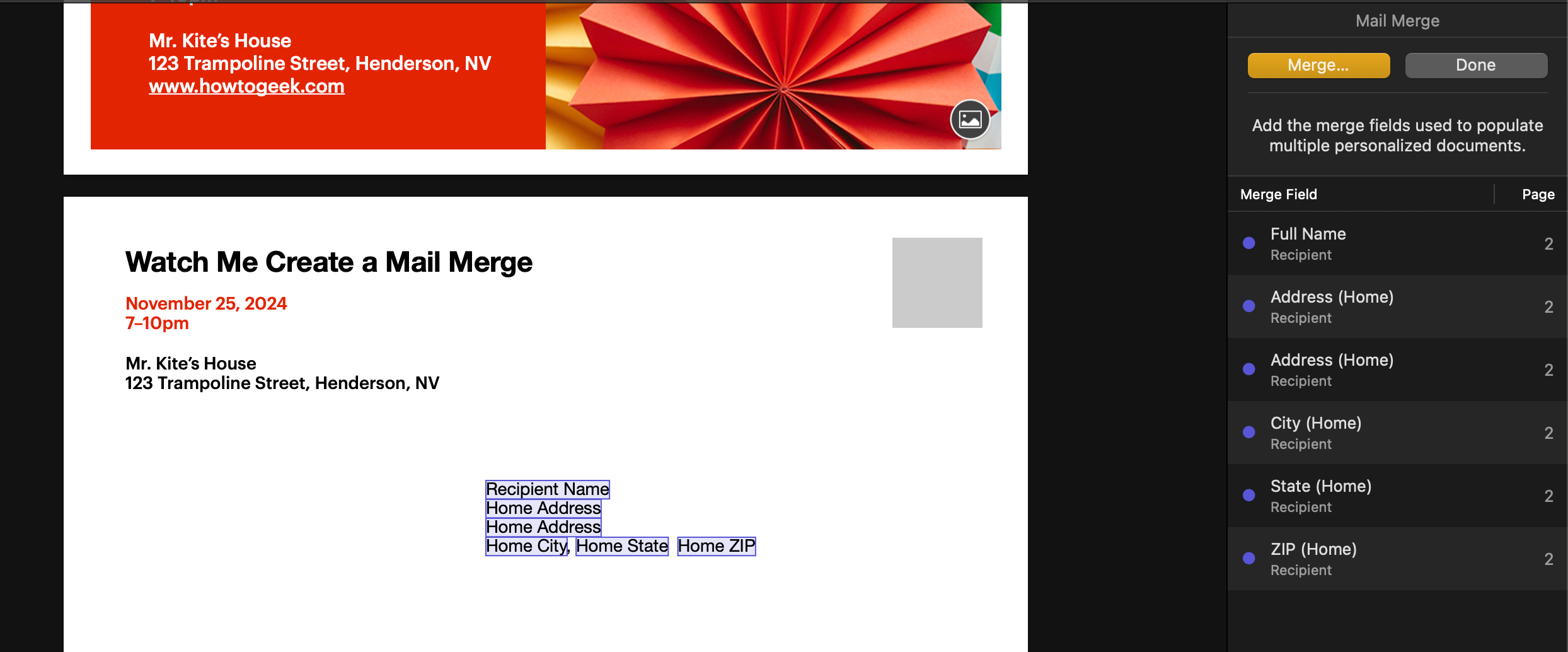 Снимок экрана полей слияния в Apple Pages.