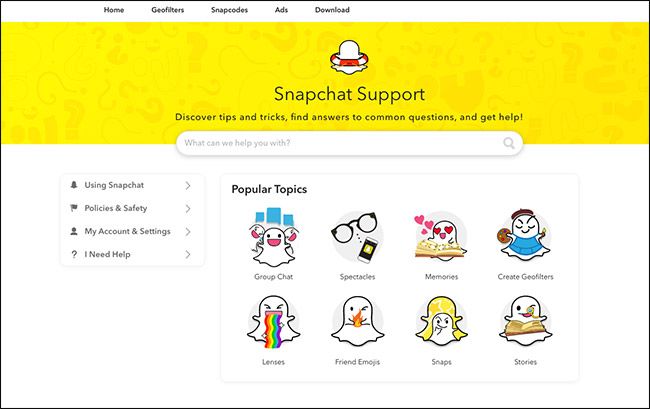 Страница поддержки Snapchat с разделом Policies & Safety