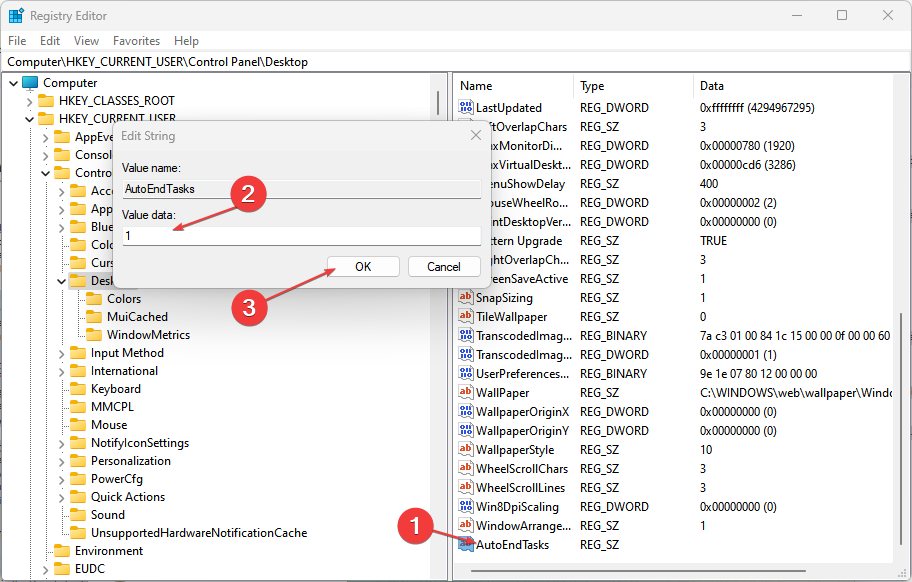 Окно изменения значения AutoEndTasks для текущего пользователя: значение 1