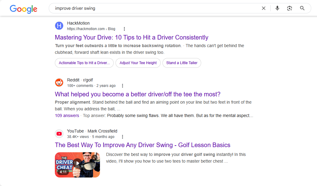 Результат поиска Google для 'improve driver swing'
