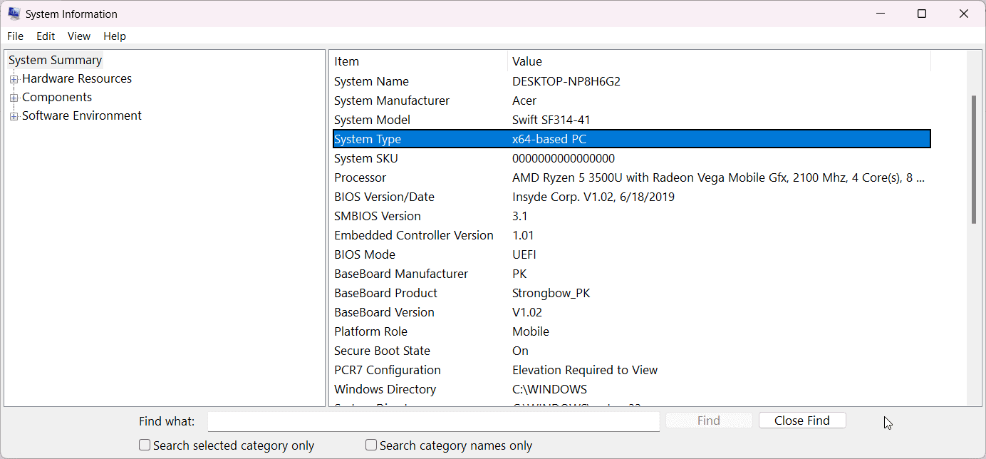 Параметр System Type в Сведения о системе