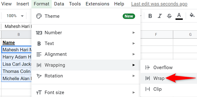 Меню Google Sheets: Format > Wrapping > Wrap.