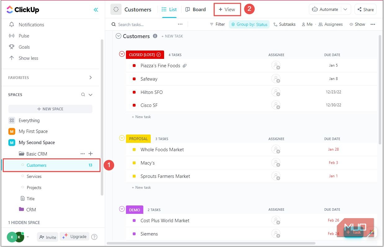 Выберите список и View на панели видов
