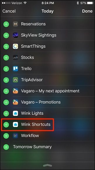 Список виджетов iOS с кнопкой добавления для Wink Shortcuts