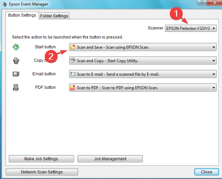 Настройки Event Manager с выбором действия Scan and Save