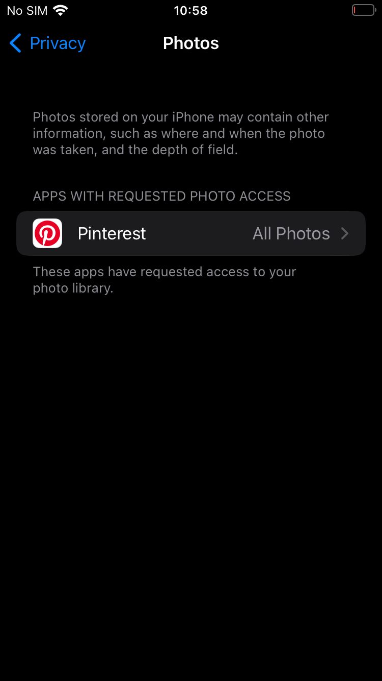 Разрешение Pinterest на доступ к фотографиям на iOS