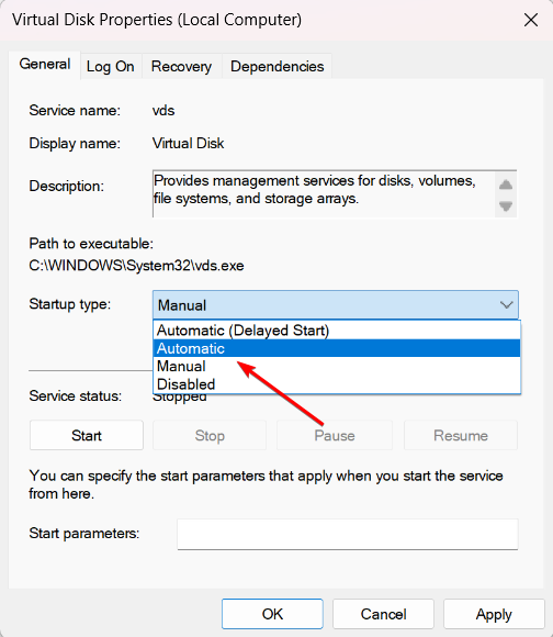 Параметр Automatic для запуска службы