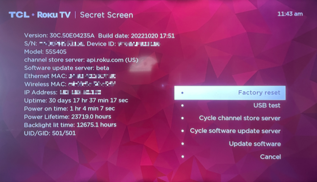 Экран сброса и обновления Roku