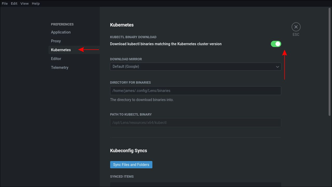 Скриншот настроек Kubernetes в Lens