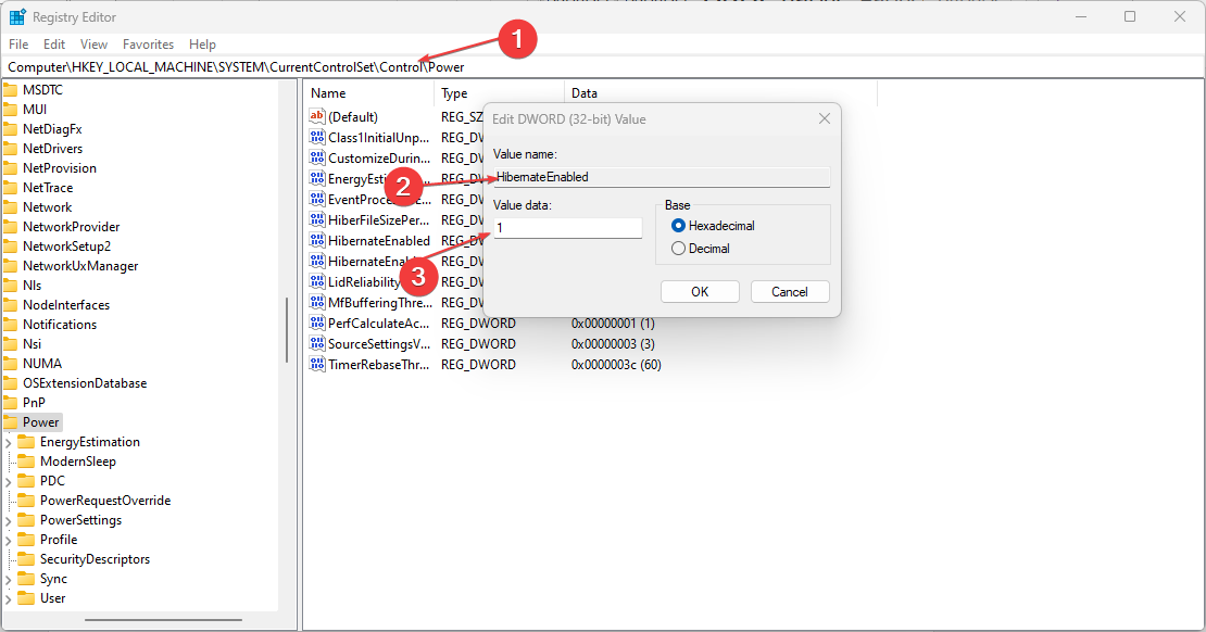 Редактор реестра — параметр HibernateEnabled