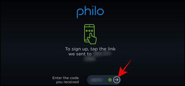 Ввод кода подтверждения в поле на сайте Philo