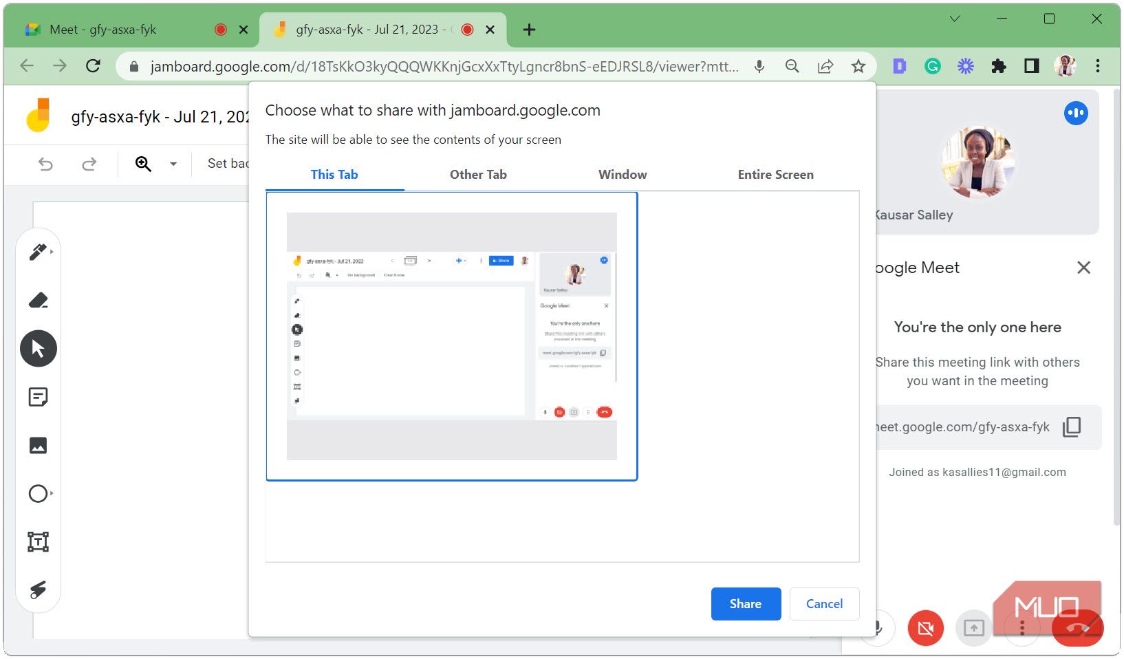 Выберите вкладку и поделитесь, когда Google Meet внутри Jamboard