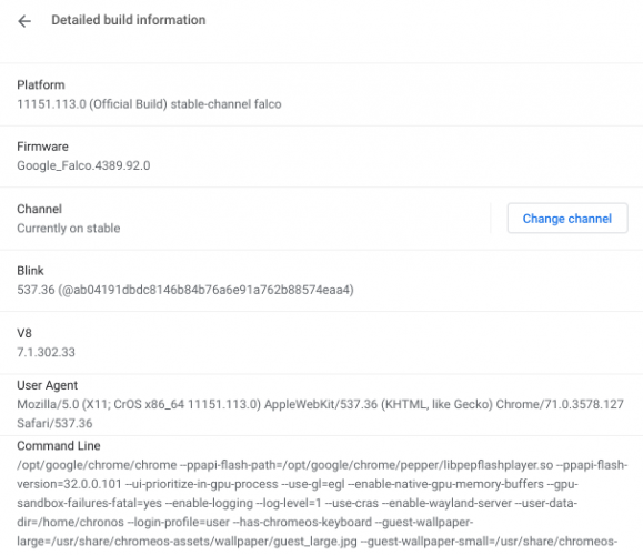 Экран «О Chrome OS» с кнопкой проверки обновлений и подробной информацией о сборке