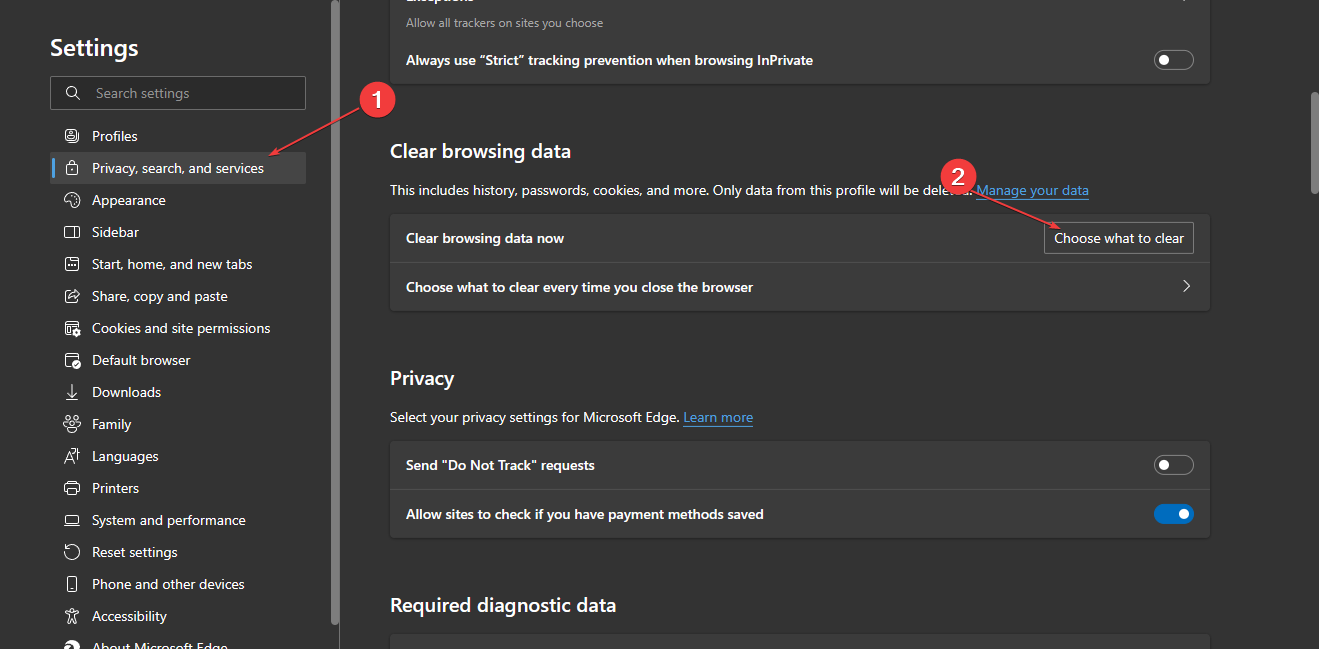 Настройки Конфиденциальность, поиск и службы в Edge