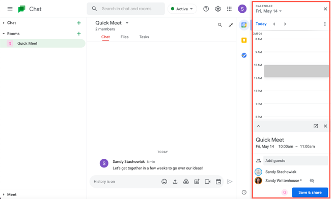 Боковая панель Google Calendar в Google Chat показывает выбор даты и поля для деталей