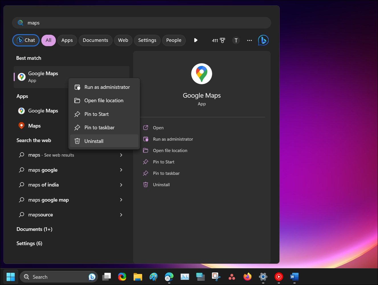 Процесс удаления приложения Google Maps, установленного через Edge