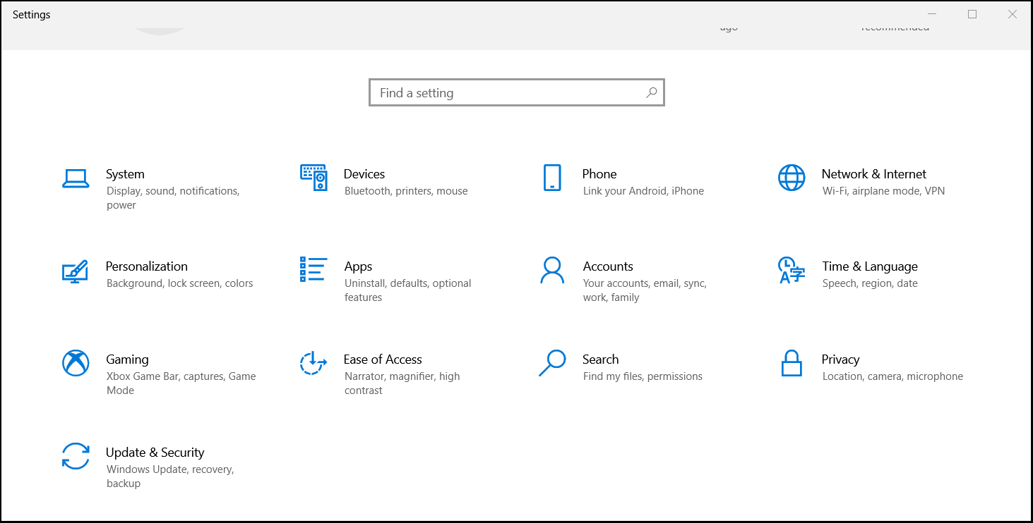 Окно параметров Windows